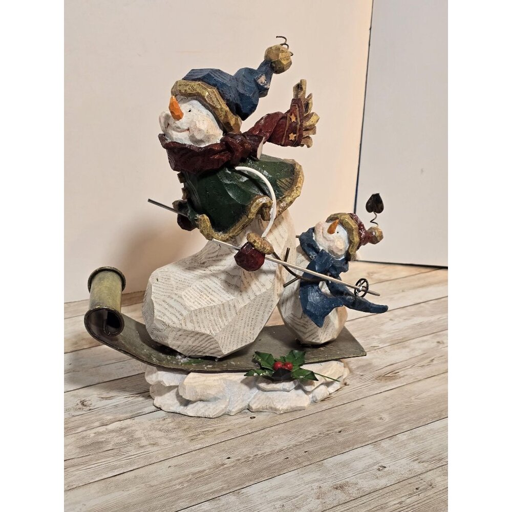Vintage Large Heavy Snowmen Riding Sled Carved Wood Painted Metal 12" x 9.5"
